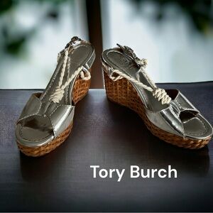 TORY BURCH SILVER LEATHER WEDGE SHOES